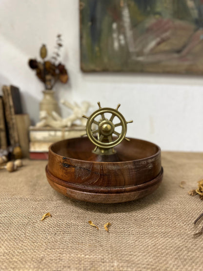 Vintage Ships Wheel Brass Nut Cracker Wooden Bowl