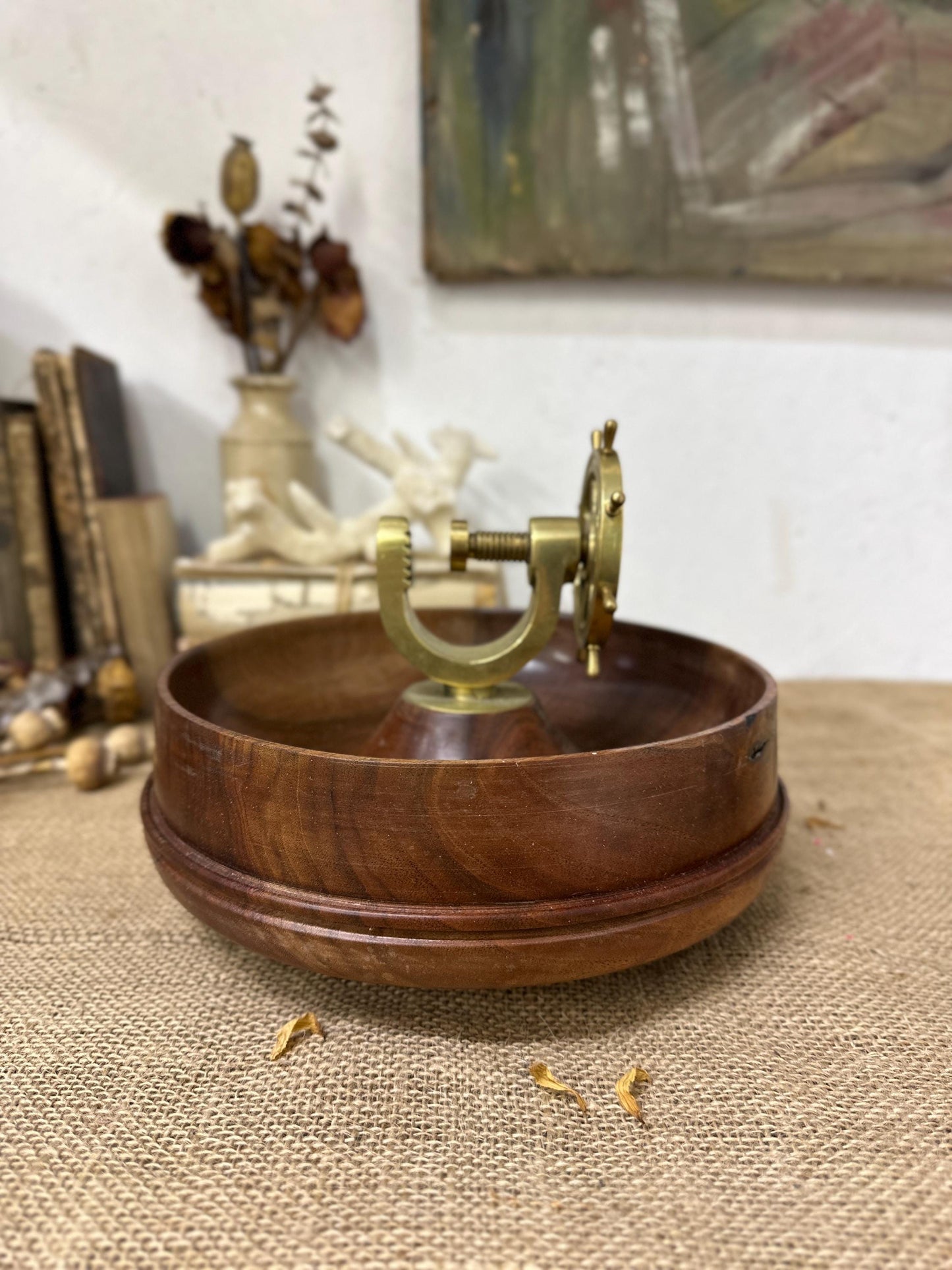 Vintage Ships Wheel Brass Nut Cracker Wooden Bowl