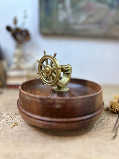 Vintage Ships Wheel Brass Nut Cracker Wooden Bowl