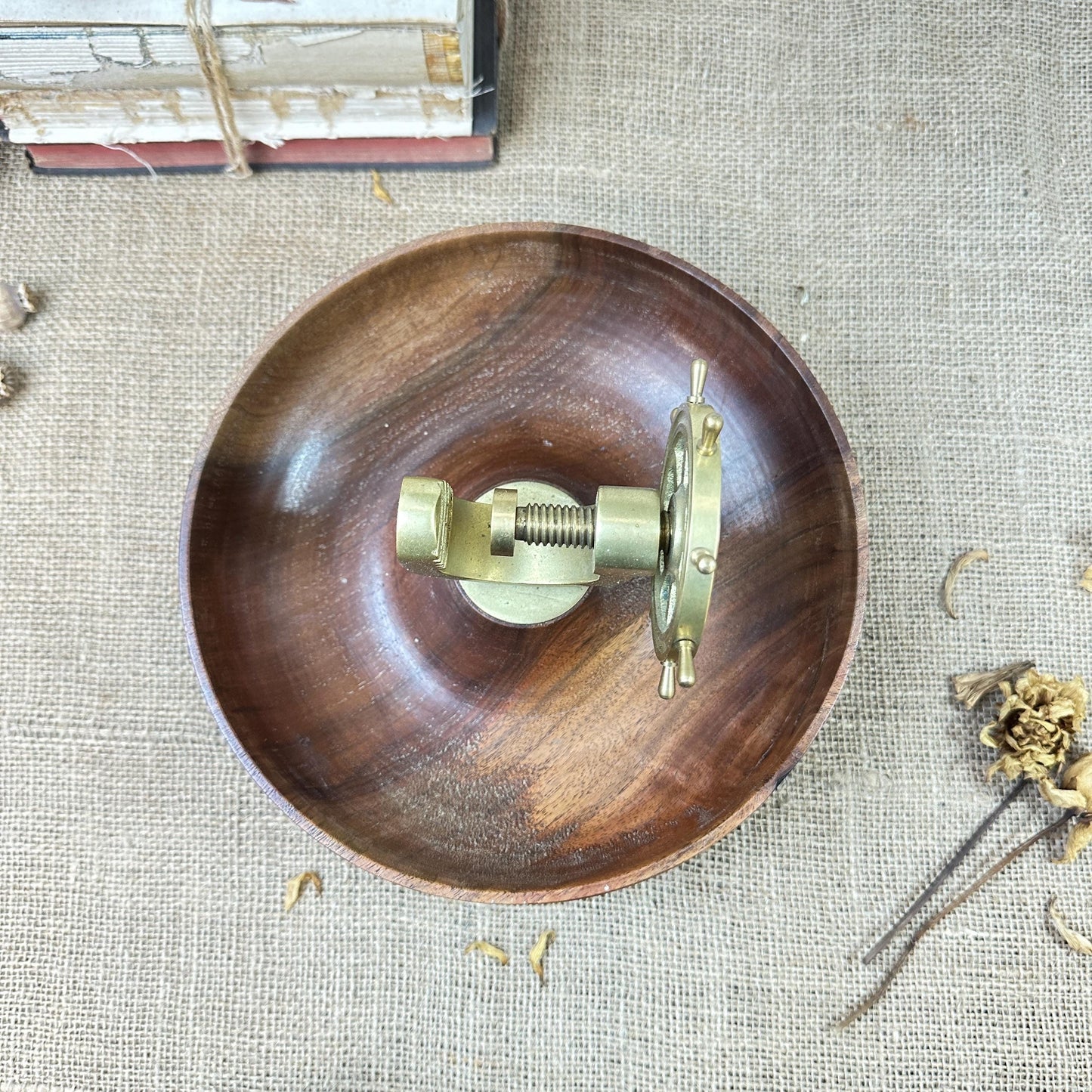 Vintage Ships Wheel Brass Nut Cracker Wooden Bowl