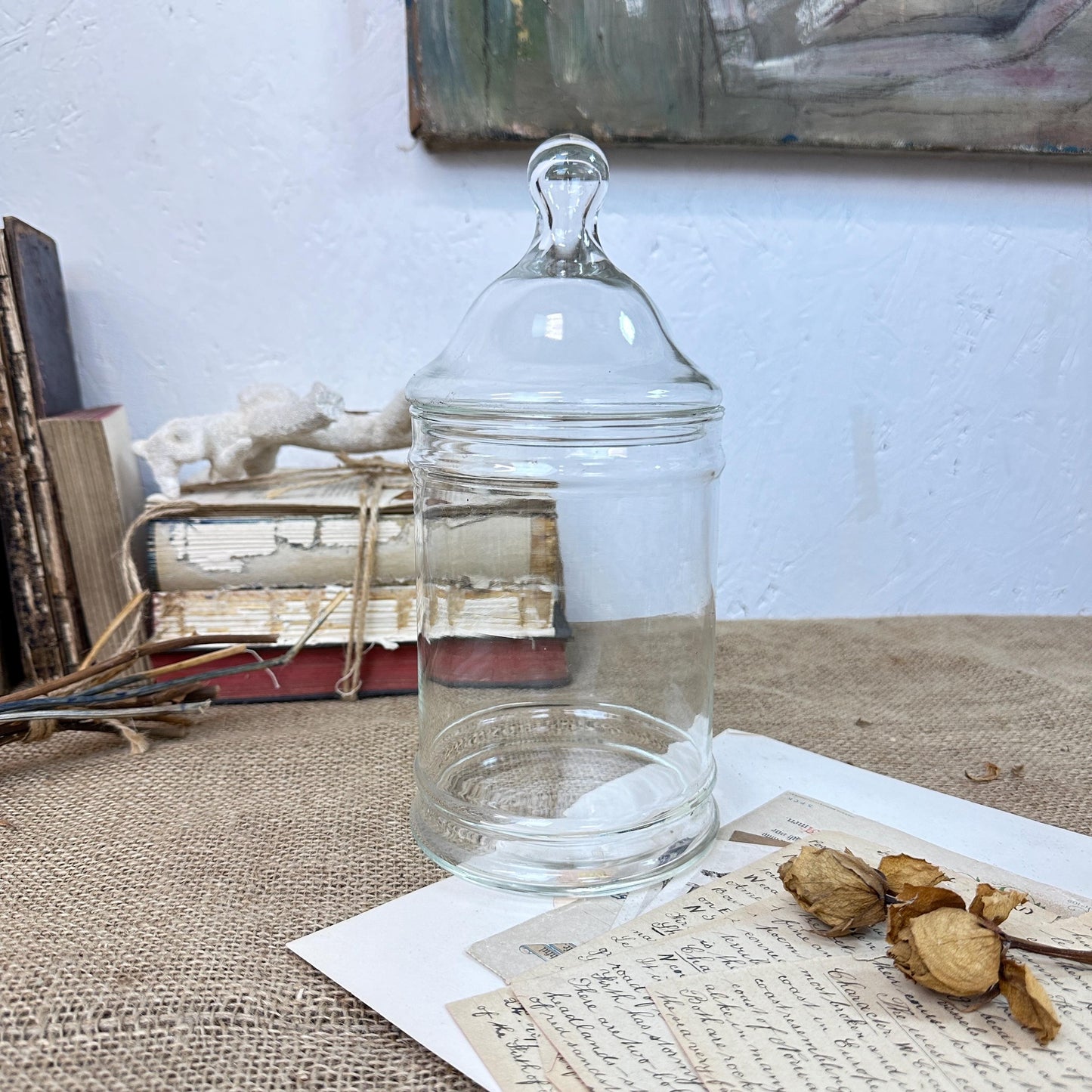 Large Clear Vintage Lidded Glass Apothecary Bon Bon Jar