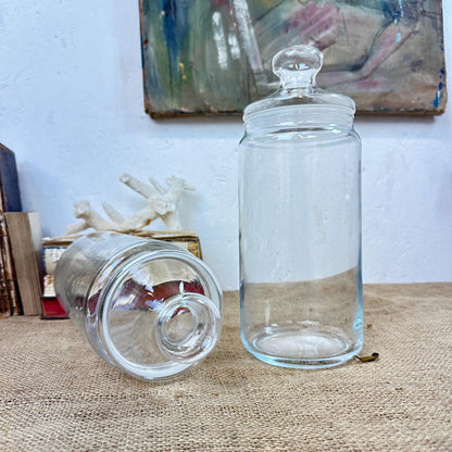 Pair of Large Clear Vintage Lidded Glass Apothecary Bon Bon Jars