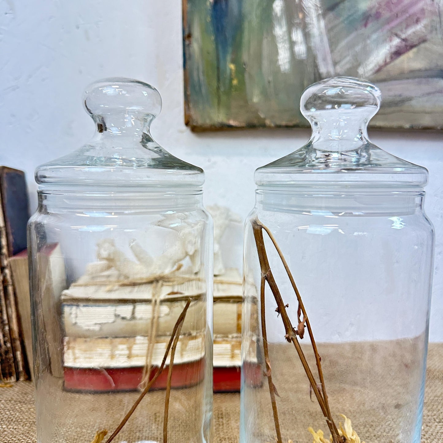 Pair of Large Clear Vintage Lidded Glass Apothecary Bon Bon Jars