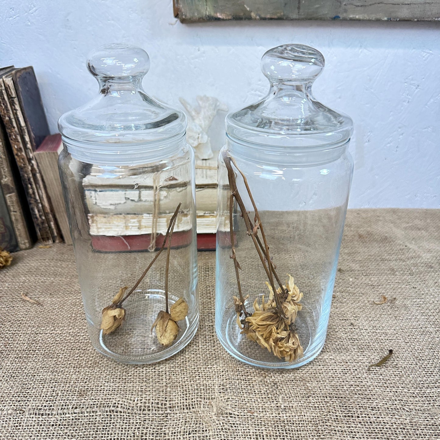 Pair of Large Clear Vintage Lidded Glass Apothecary Bon Bon Jars