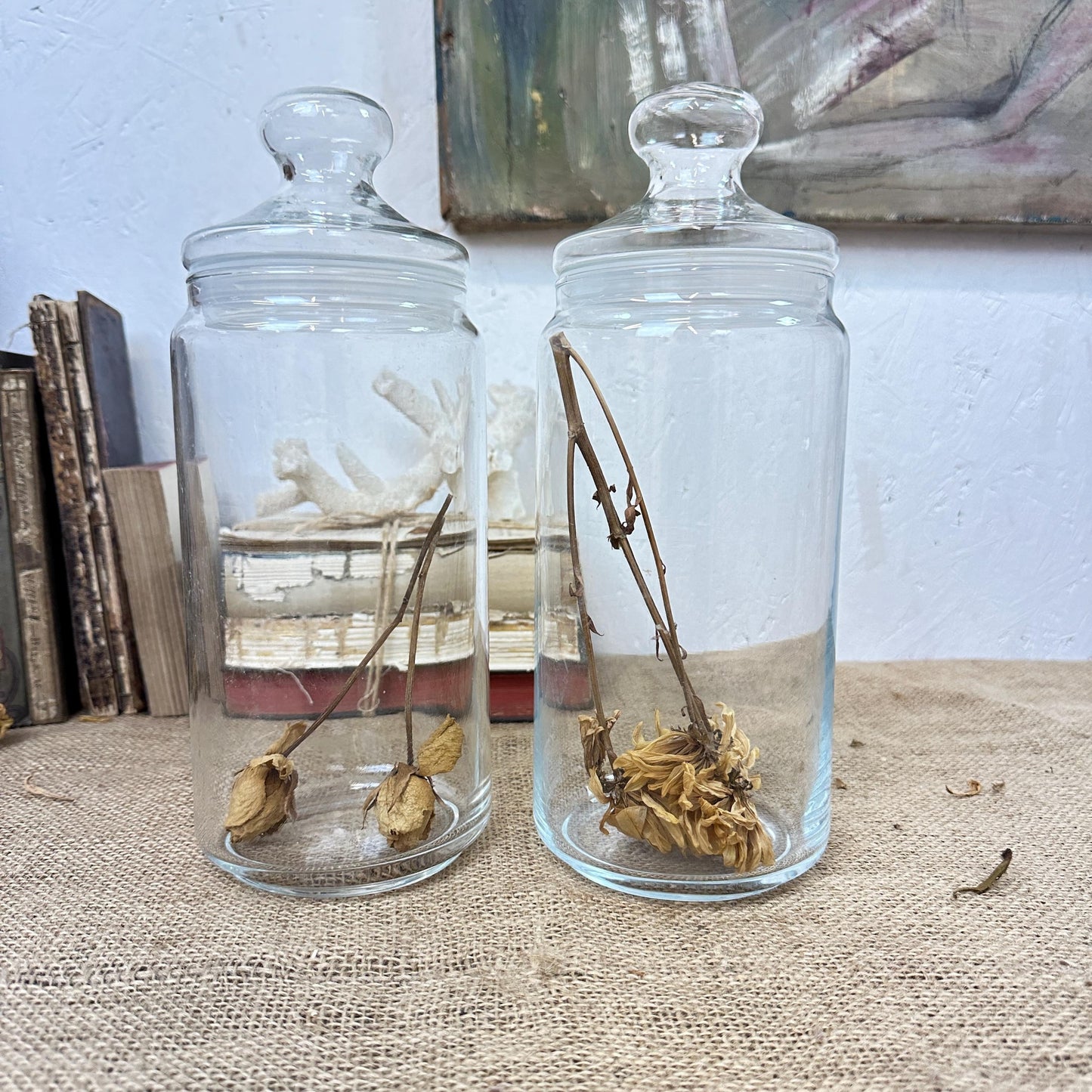 Pair of Large Clear Vintage Lidded Glass Apothecary Bon Bon Jars