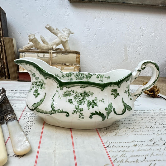 Green Victorian Transfer-ware Gravy Sauce Jug/Boat Ridgways Chiswick