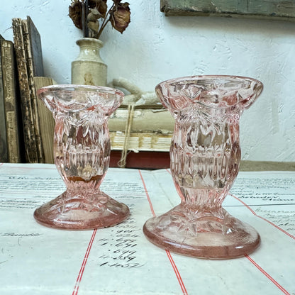 Vintage Pink Glass Pair of Candle Sticks