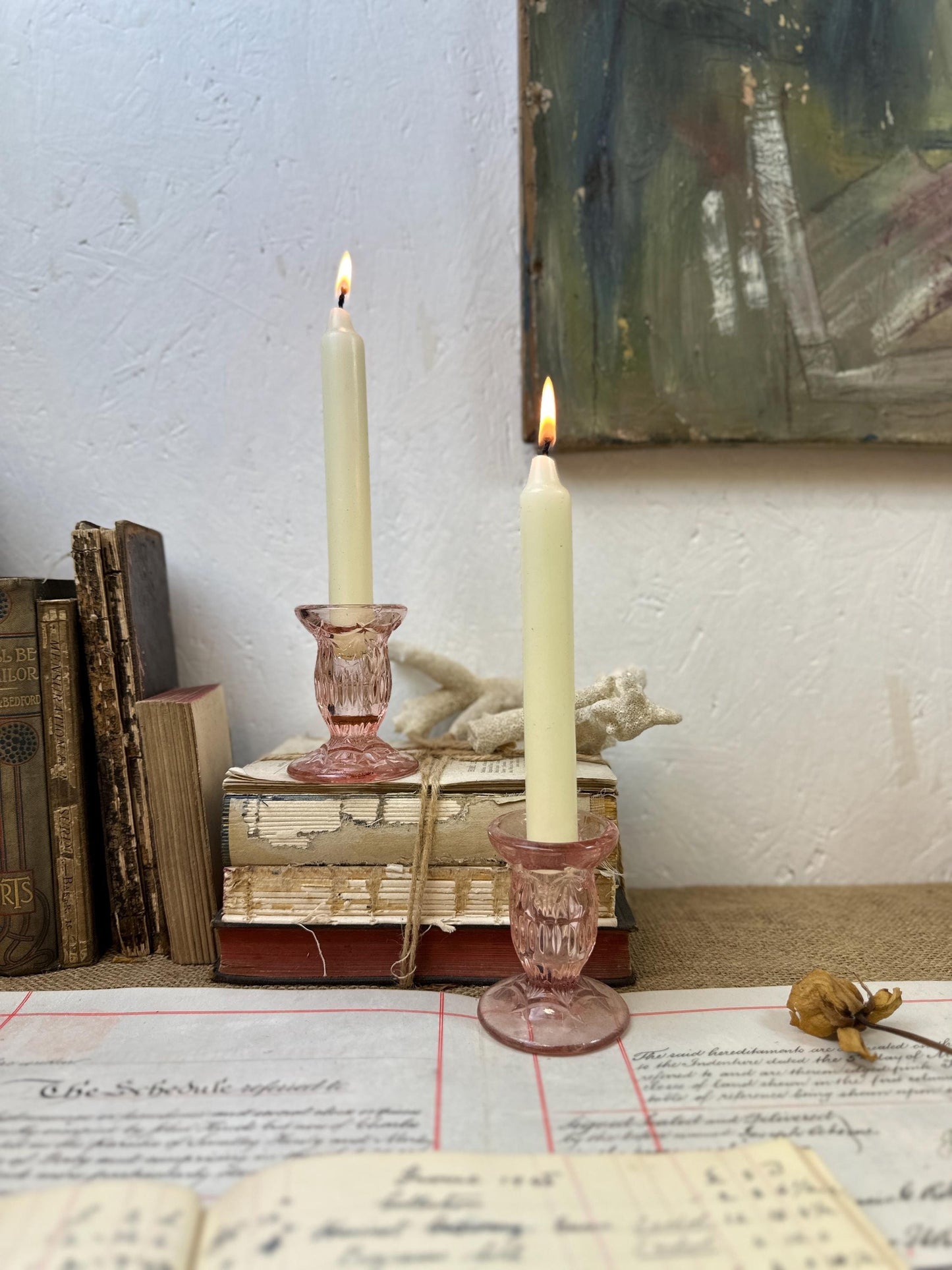 Vintage Pink Glass Pair of Candle Sticks