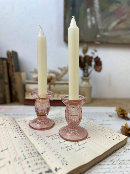 Vintage Pink Glass Pair of Candle Sticks