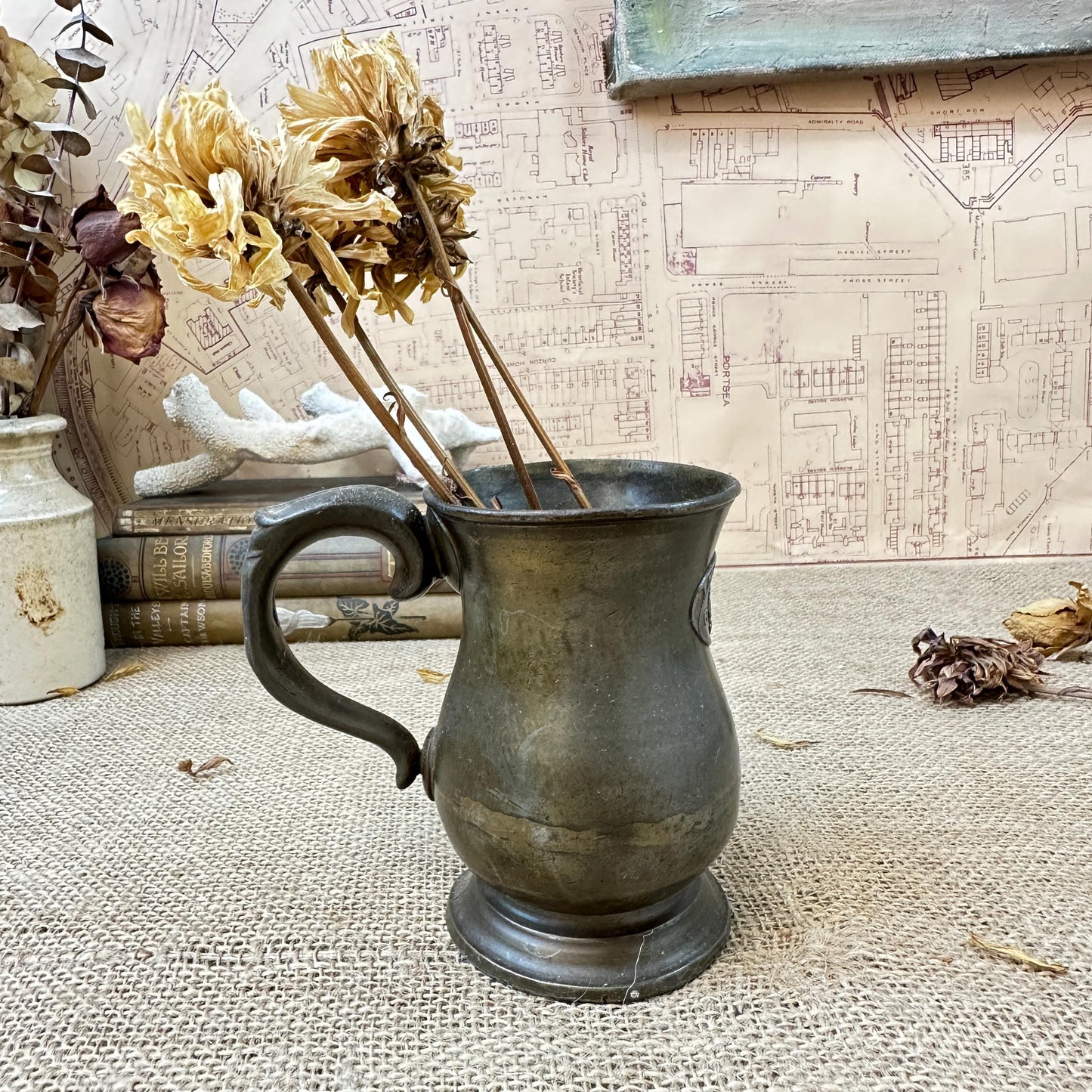 Handsome Antique Pewter Tankard 1/2 Pint with Crested Badge