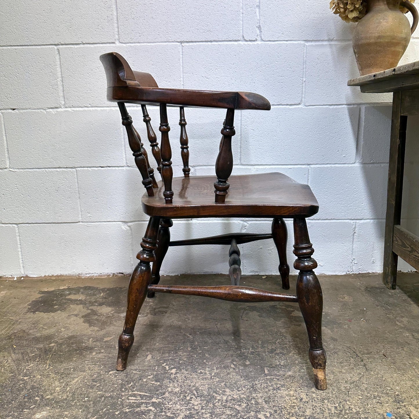 Victorian Antique Captains Smokers Bow Chair Turned Legs