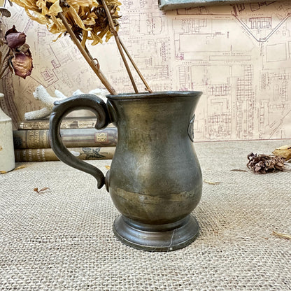 Handsome Antique Pewter Tankard 1/2 Pint with Crested Badge