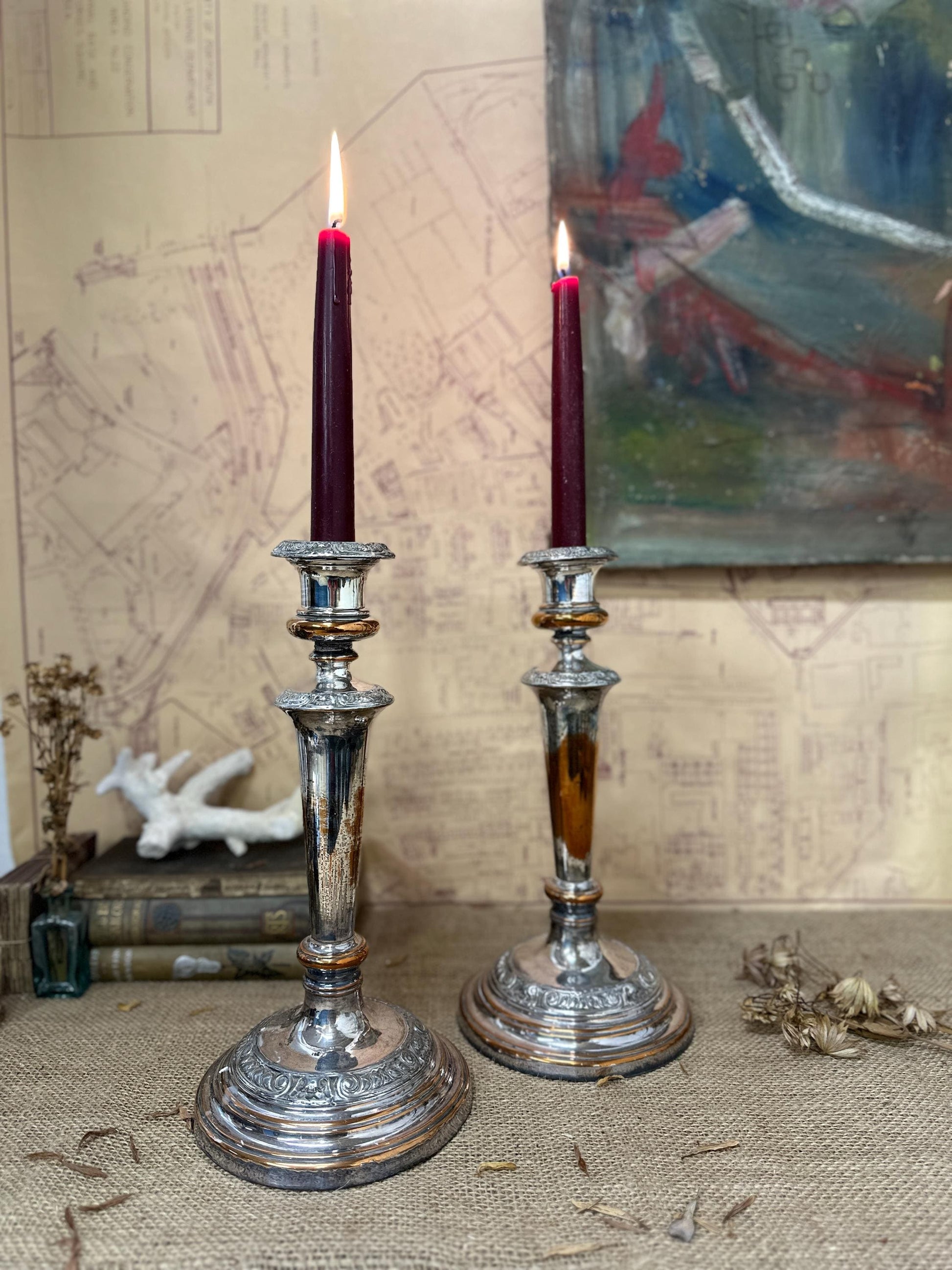 a pair of large heavy silver plated candlesticks