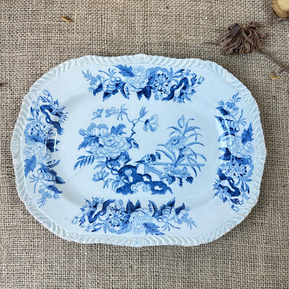 Antique Brameld  - Parroquet Blue & White Transferware Small Serving Platter Swinton Yorkshire