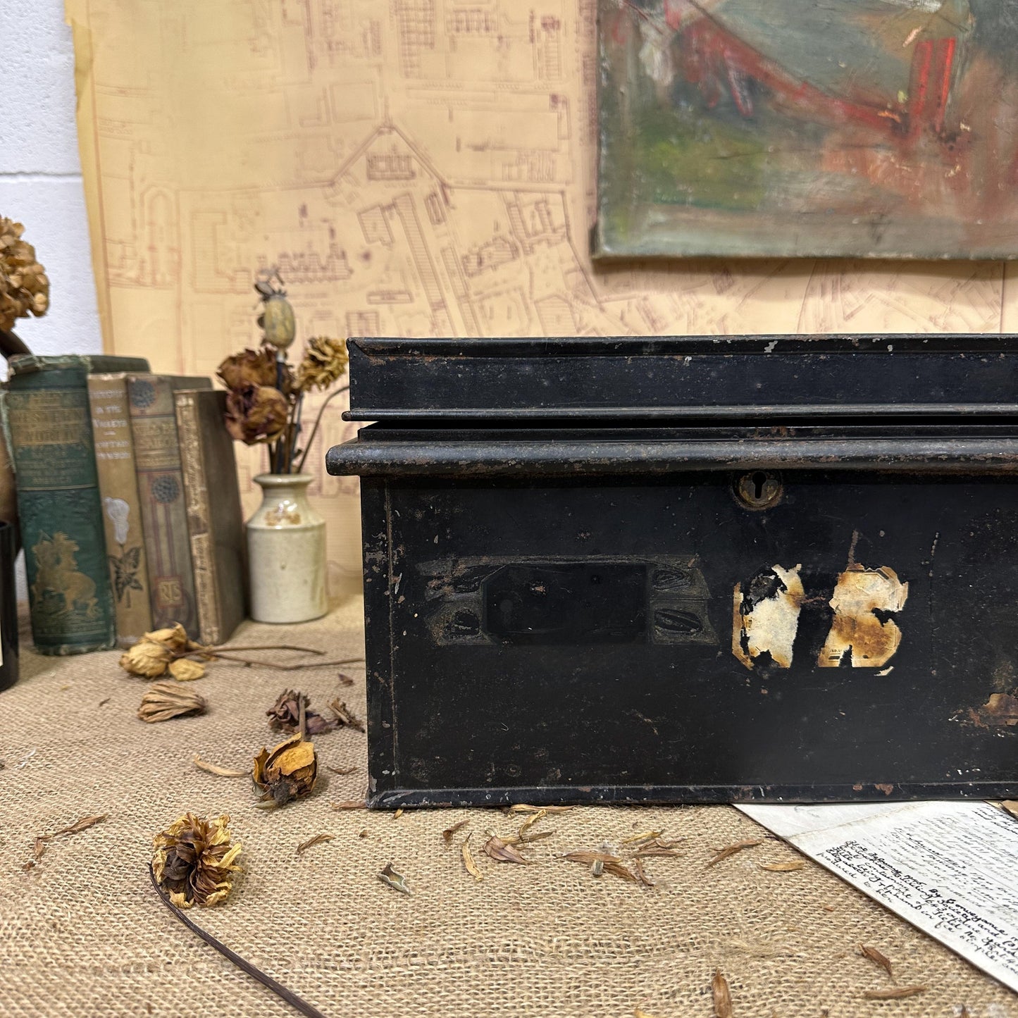 Vintage Metal Black Cash Tin, Deed Box Gold Lettering