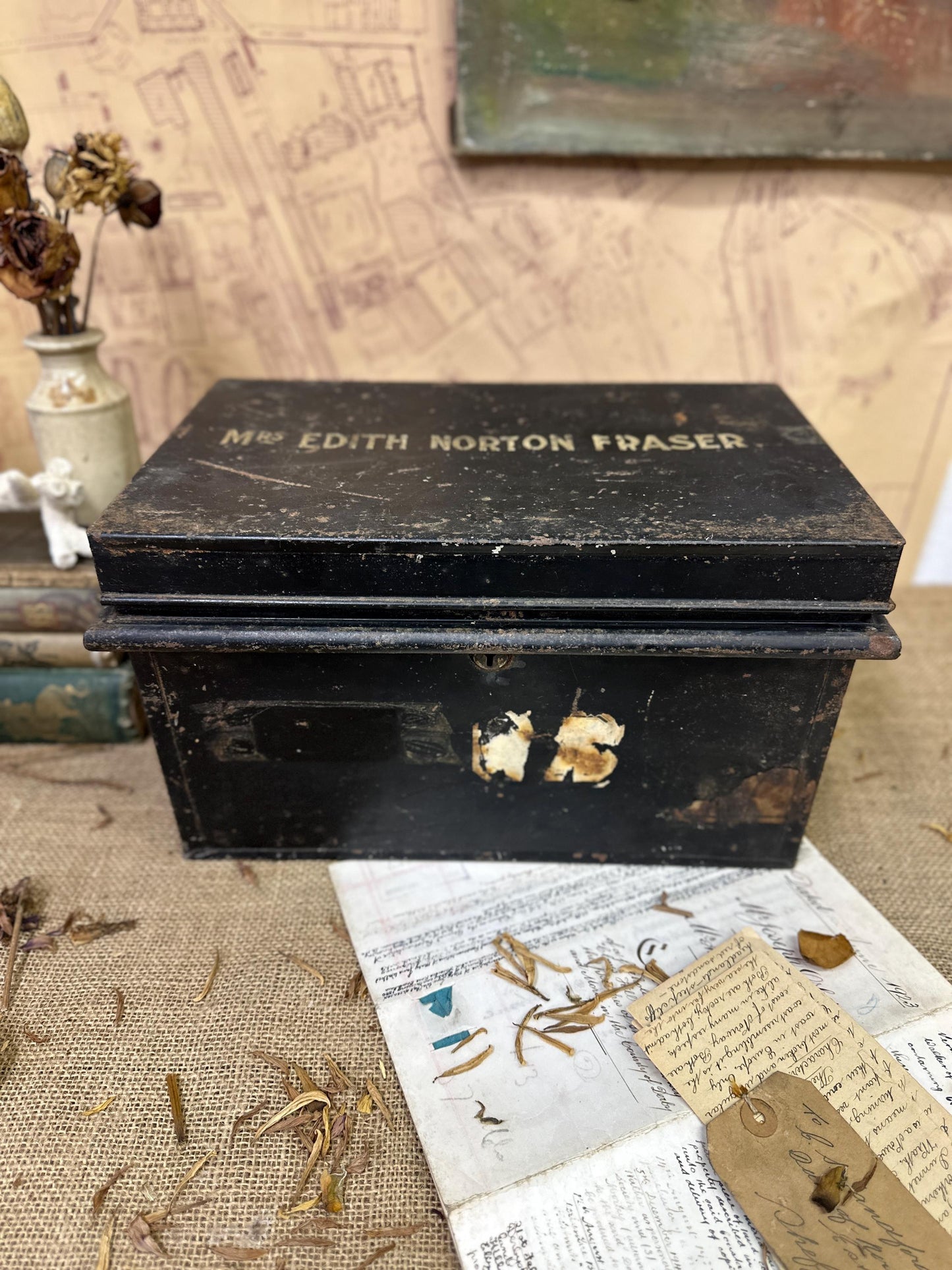 Vintage Metal Black Cash Tin, Deed Box Gold Lettering