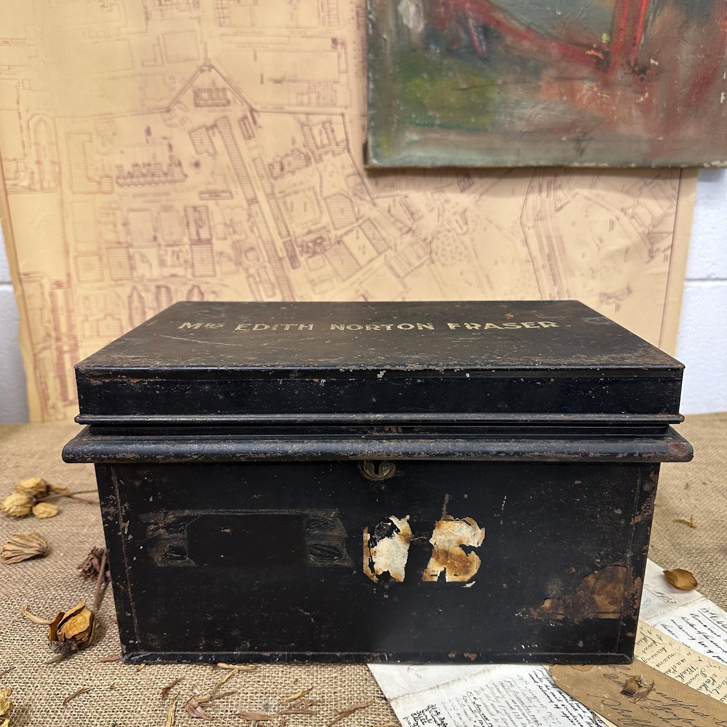 Vintage Metal Black Cash Tin, Deed Box Gold Lettering