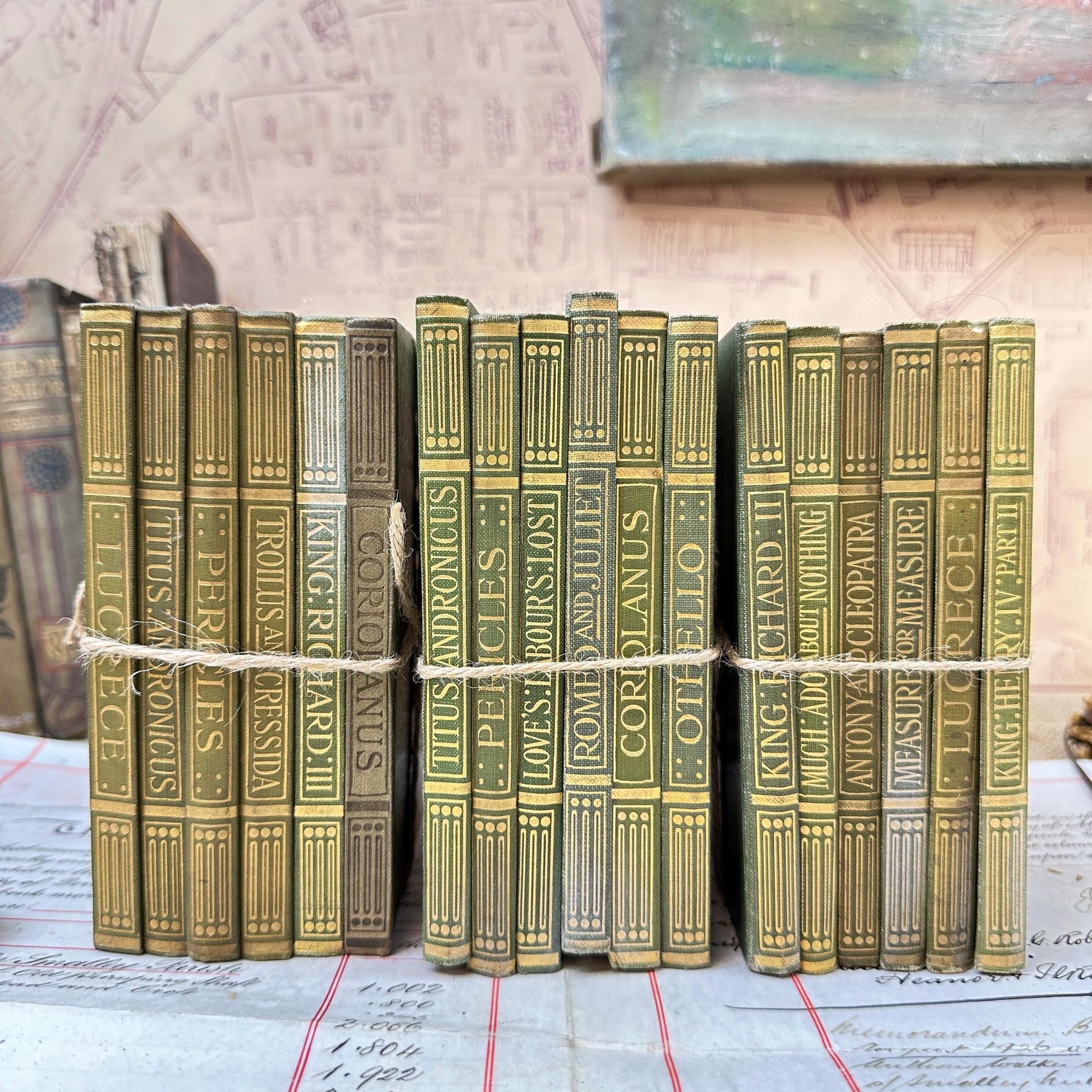 Stacks of Antique Green Books The Works of William Shakespeare JM Dent