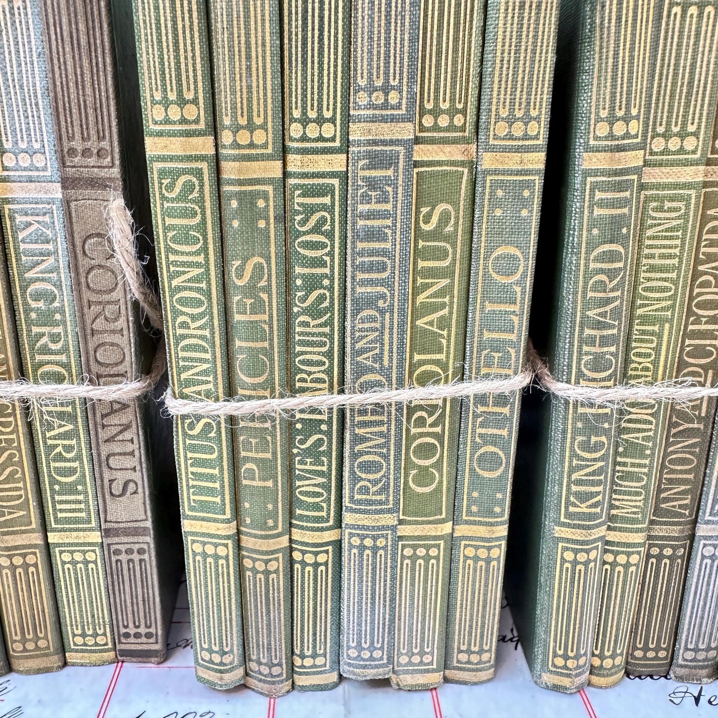 Stacks of Antique Green Books The Works of William Shakespeare JM Dent