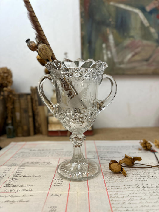 Tall Victorian Etched Glass Celery Vase Trophy