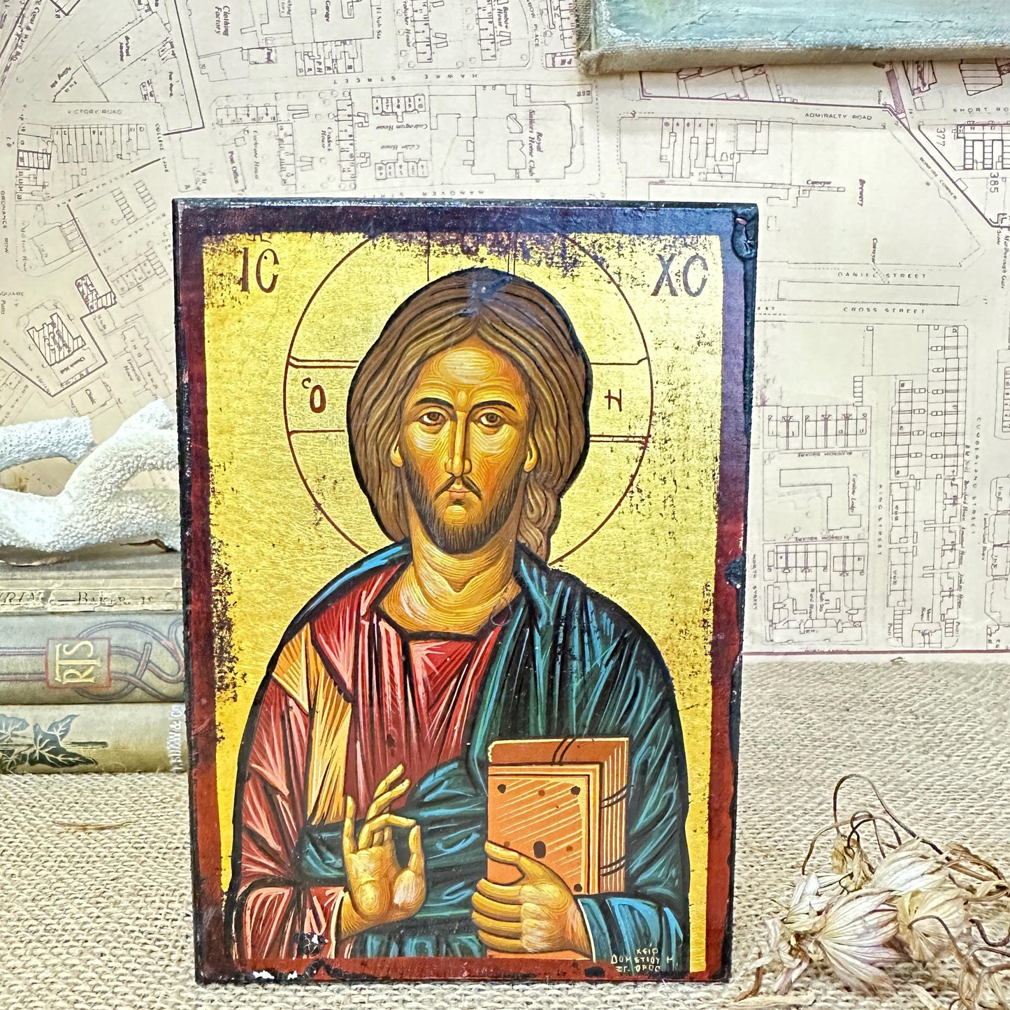 Vintage Pantocrator Blessing, Handmade Wooden Byzantine Icon Jesus Religious Iconic Prints