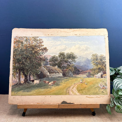 Original Antique Water Colour Farm Landscape Artwork Painting Signed