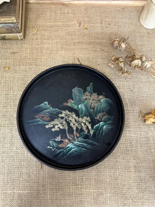 Small Vintage Black Ebonised Tray Oriental Design