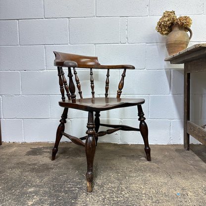 Victorian Antique Captains Smokers Bow Chair Turned Legs