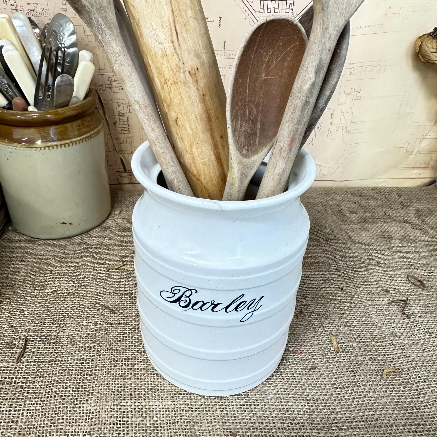 Antique Ironstone White Storage Pot Barley Storage Canister, Utensils Pot