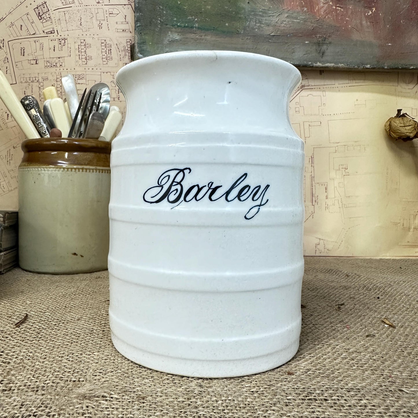 Antique Ironstone White Storage Pot Barley Storage Canister, Utensils Pot