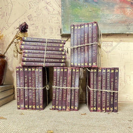 Stacks of Antique Burgundy Leather Books The Plays of Shakespeare Books - Five Sets Available