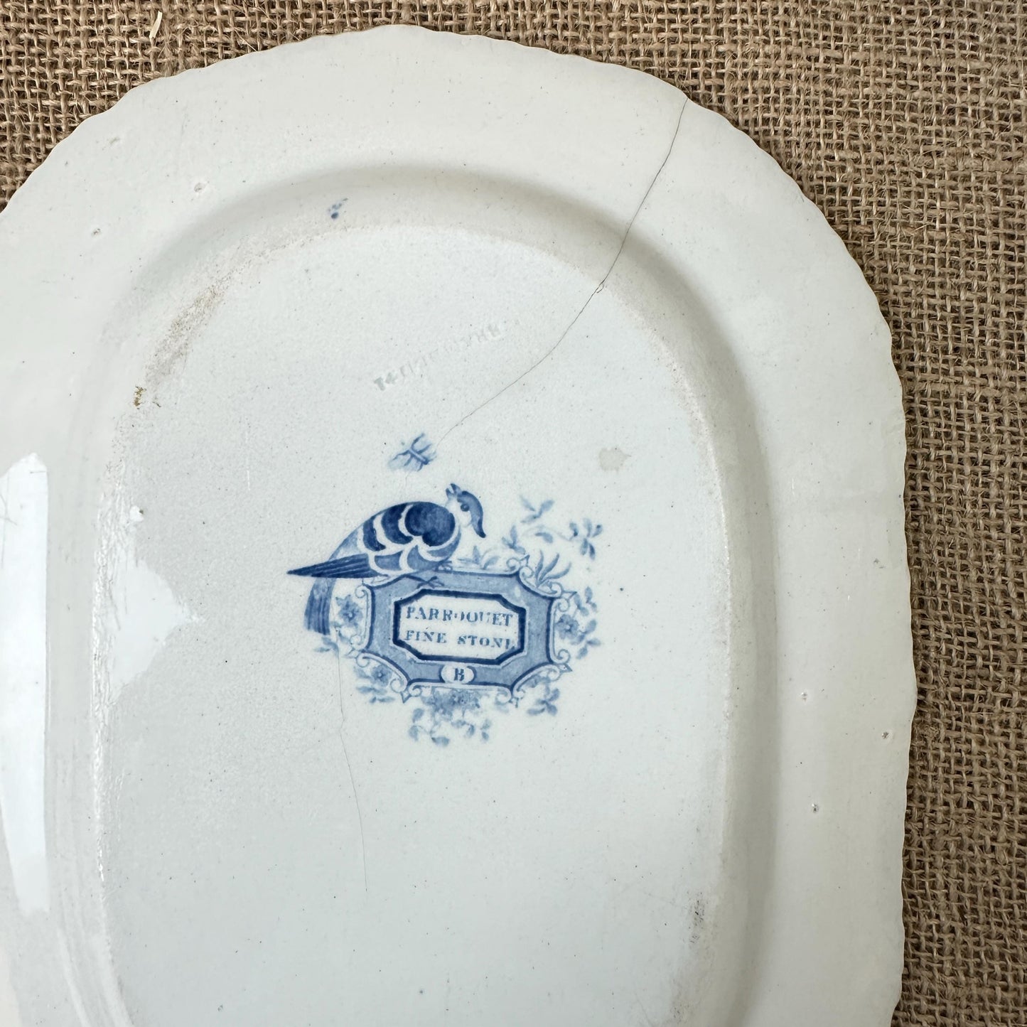 Antique Brameld  - Parroquet Blue & White Transferware Small Serving Platter Swinton Yorkshire