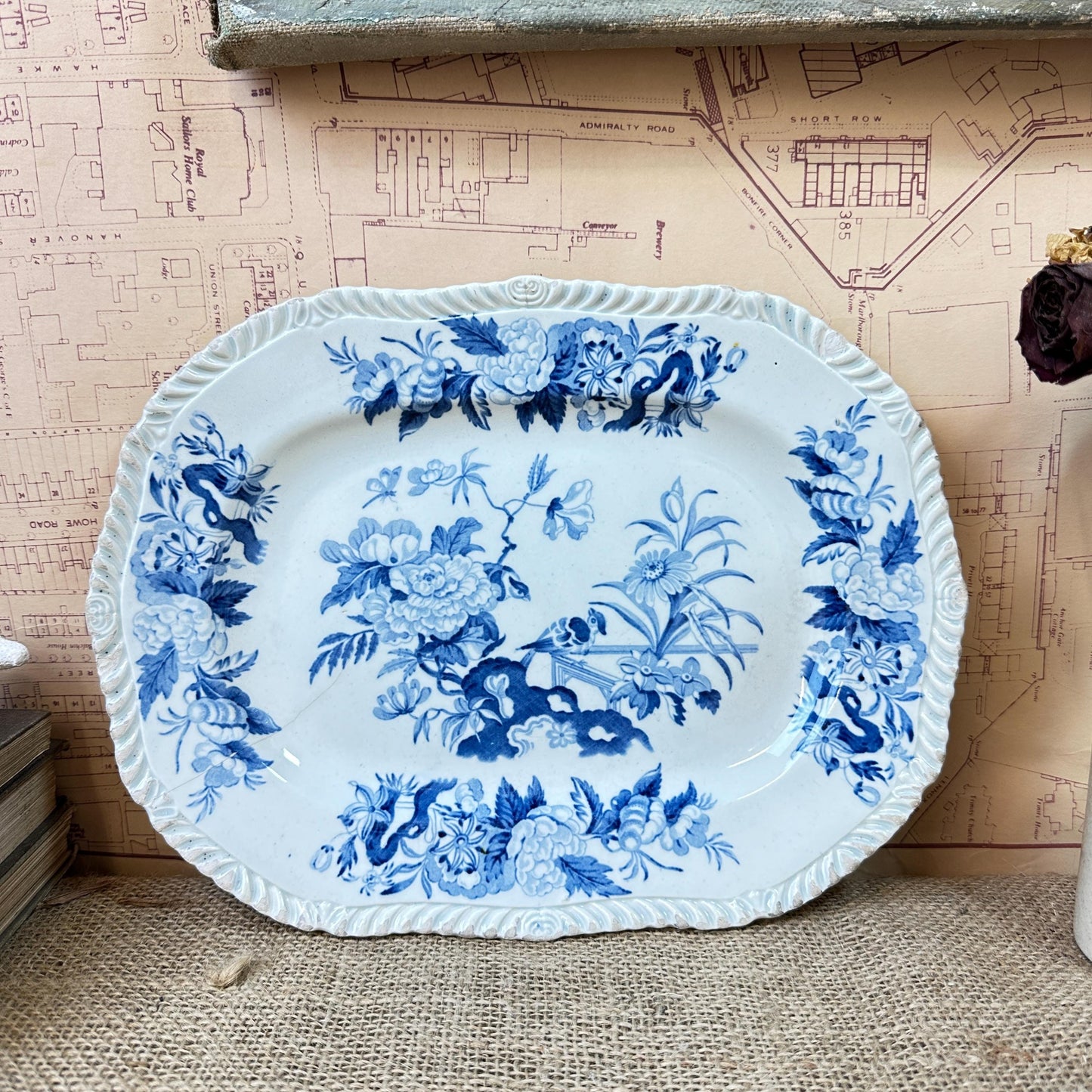 Antique Brameld  - Parroquet Blue & White Transferware Small Serving Platter Swinton Yorkshire