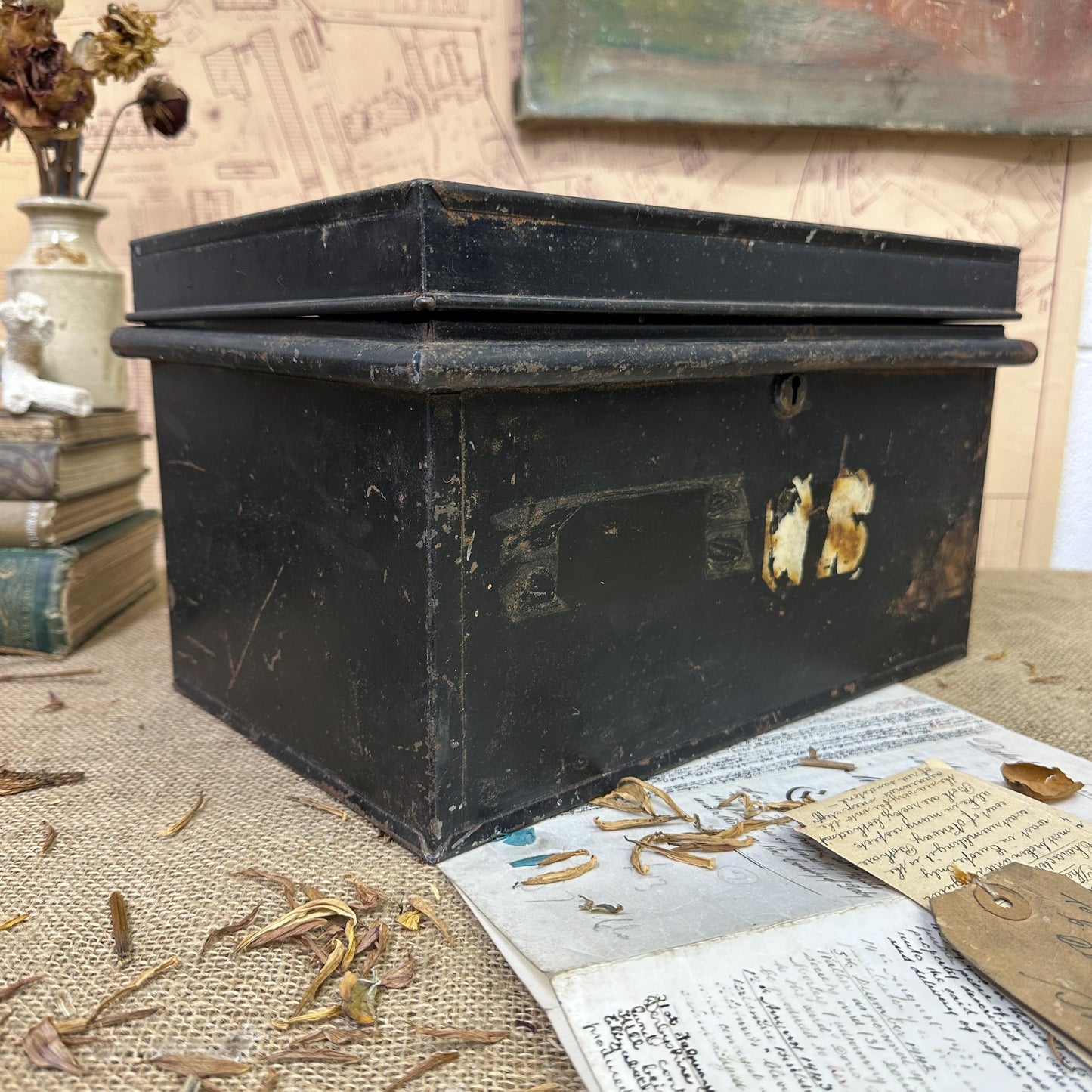 Vintage Metal Black Cash Tin, Deed Box Gold Lettering