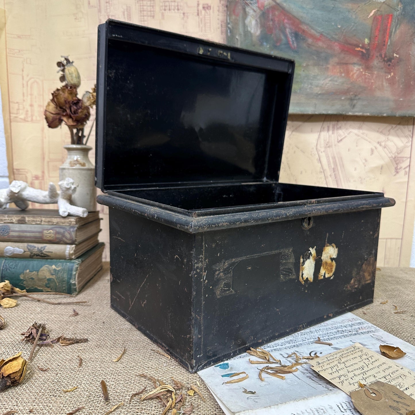 Vintage Metal Black Cash Tin, Deed Box Gold Lettering