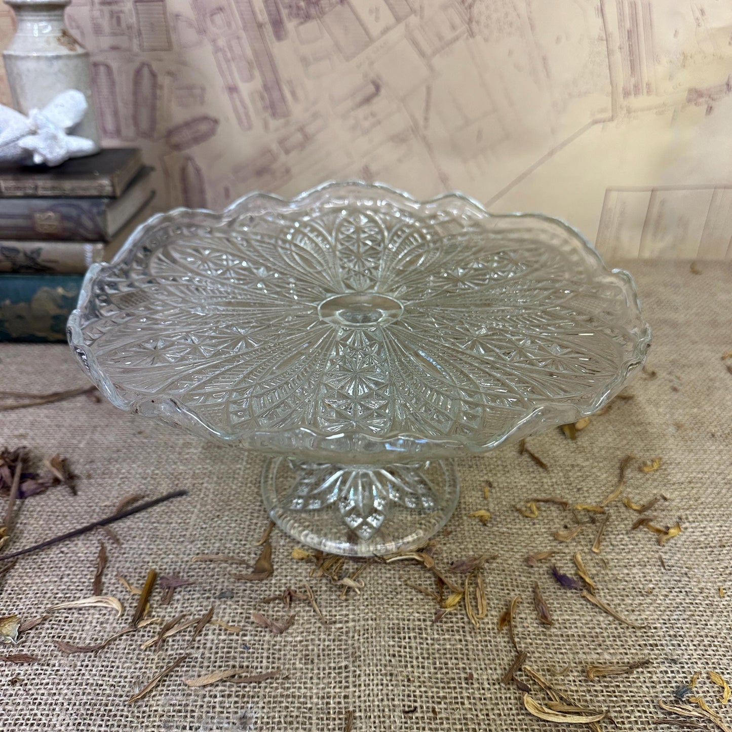 Large Vintage Pressed Glass Cake Stand