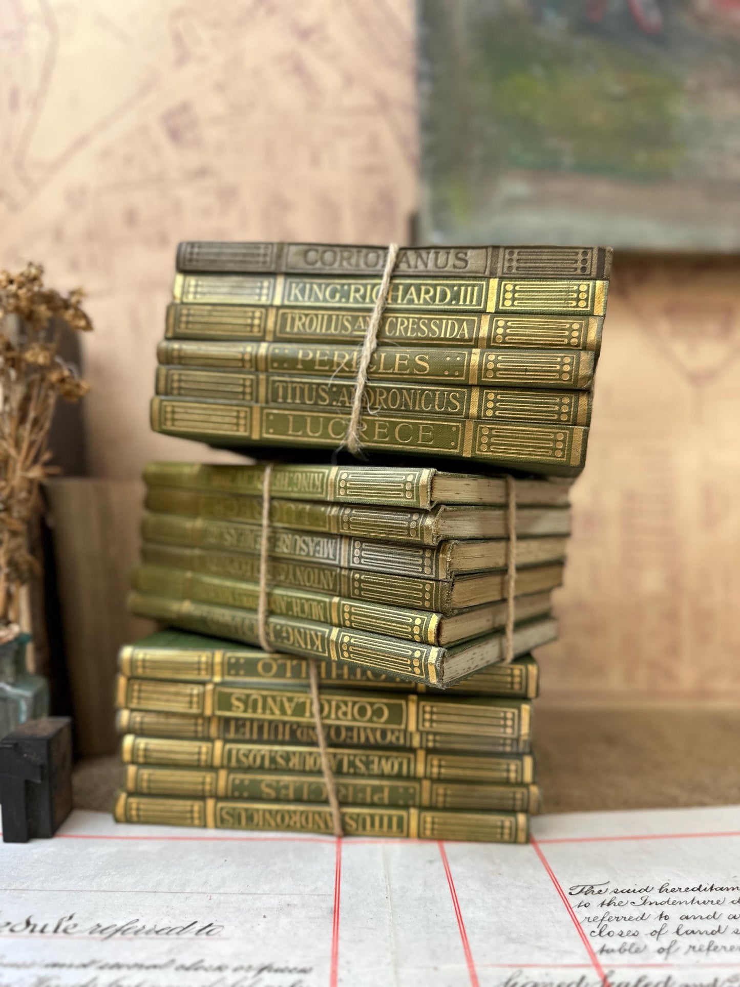 Stacks of Antique Green Books The Works of William Shakespeare JM Dent