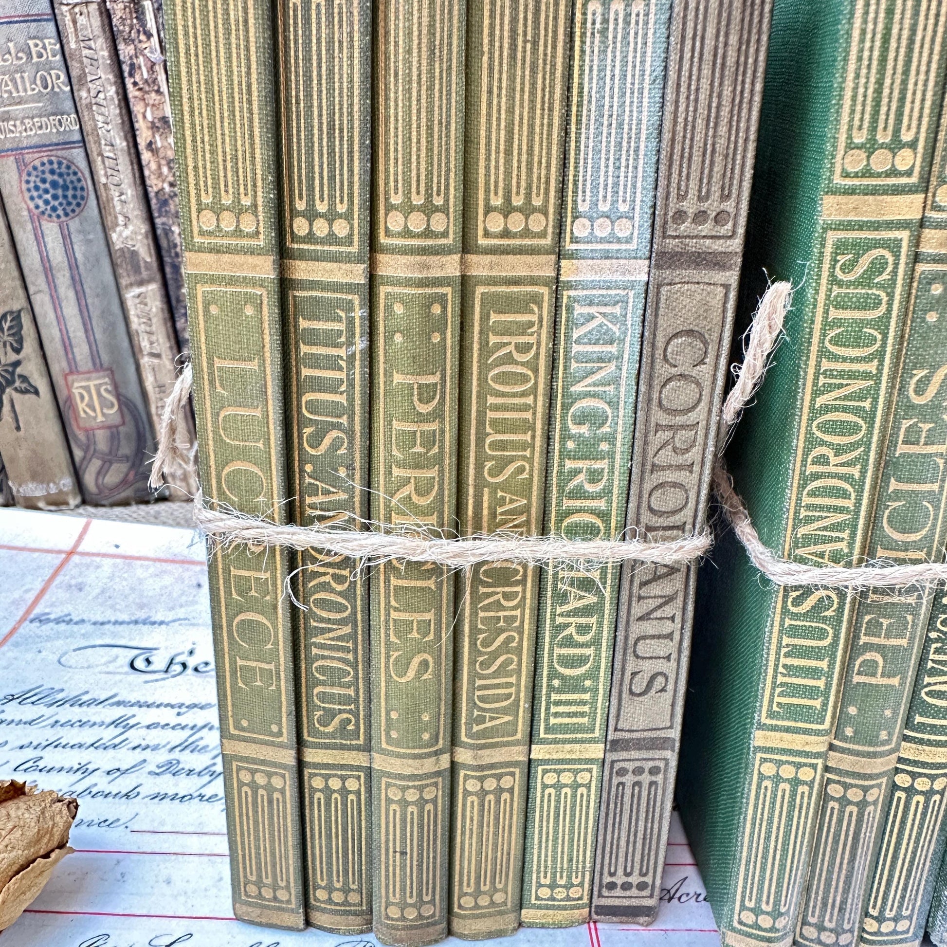 Stacks of Antique Green Books The Works of William Shakespeare JM Dent