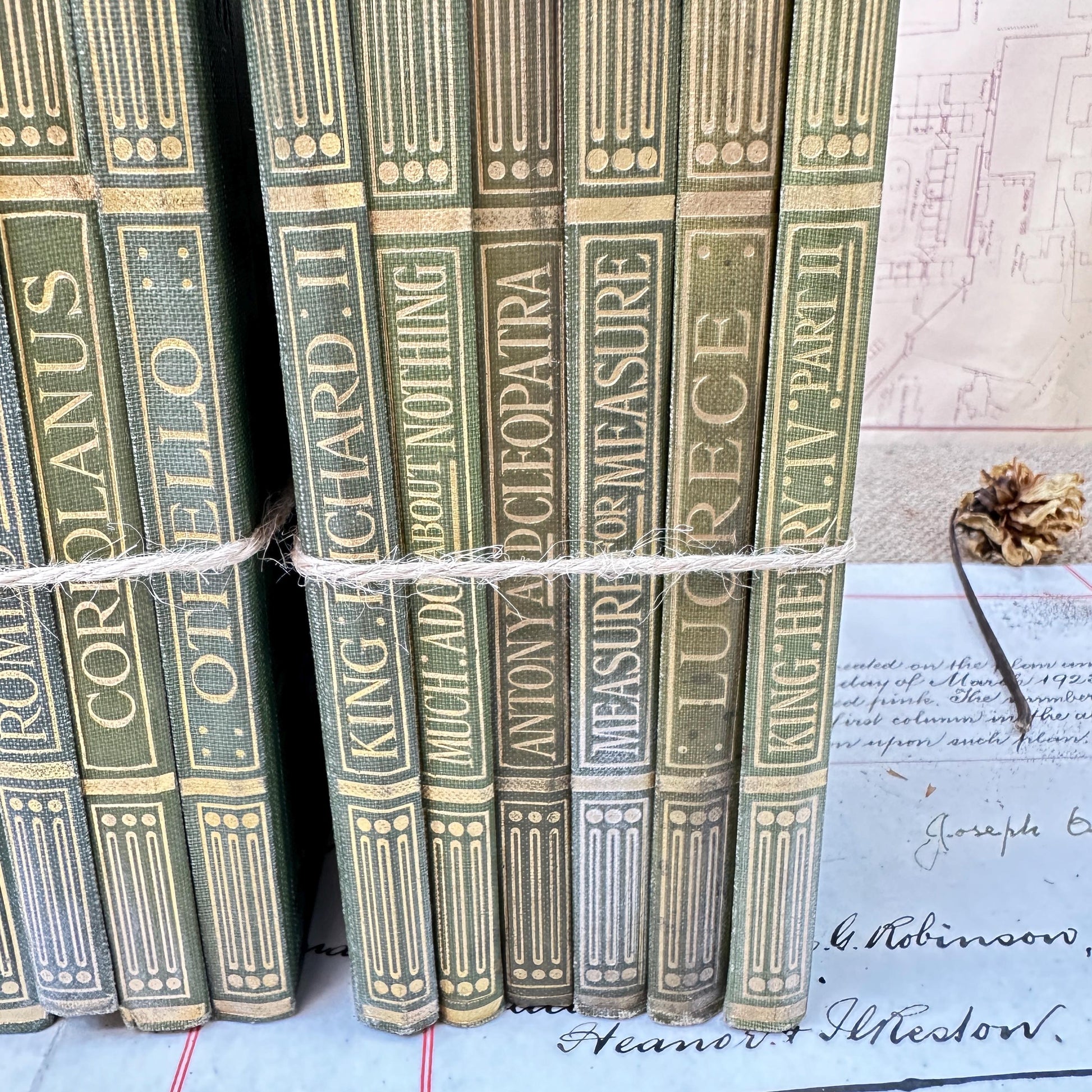 Stacks of Antique Green Books The Works of William Shakespeare JM Dent