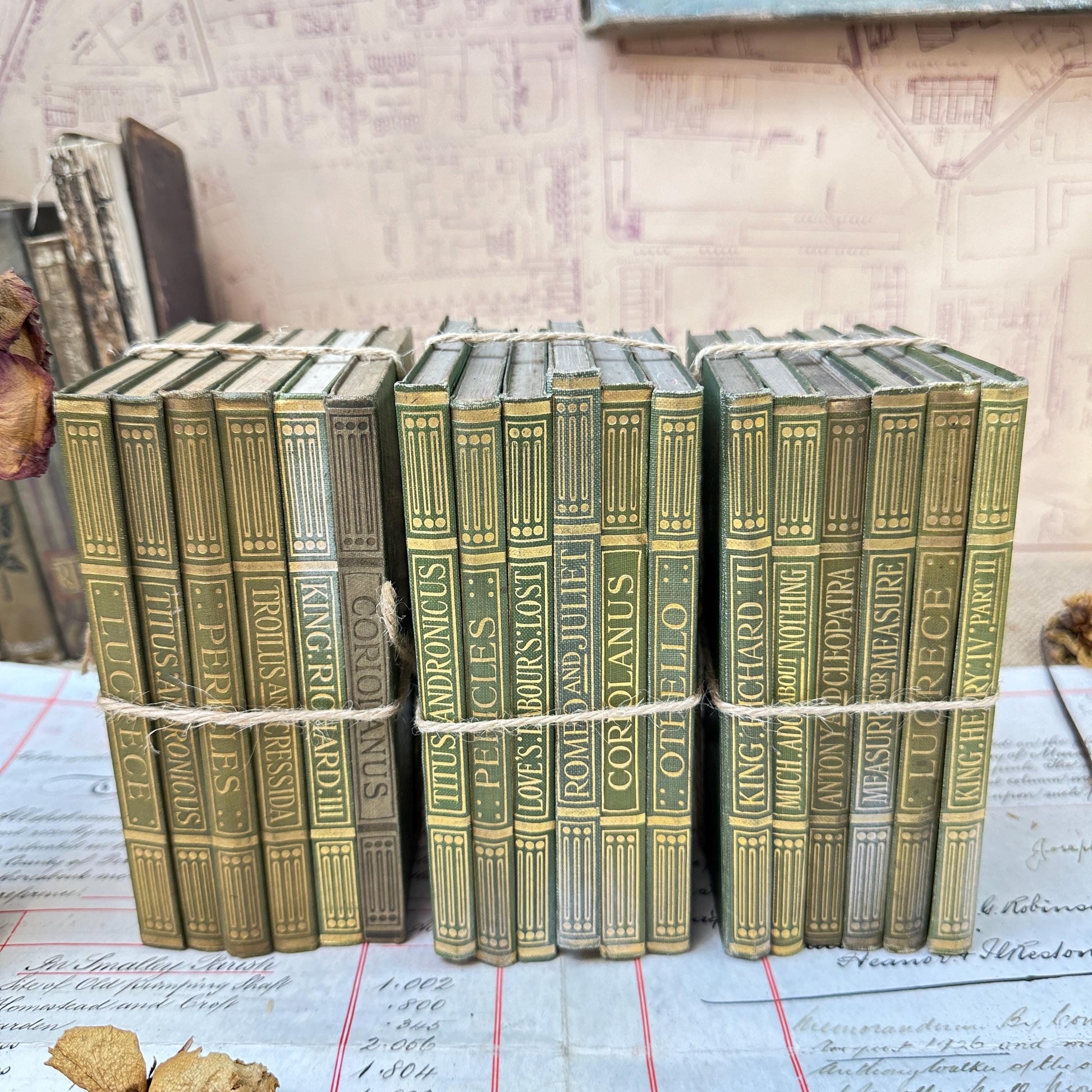 Stacks of Antique Green Books The Works of William Shakespeare JM Dent