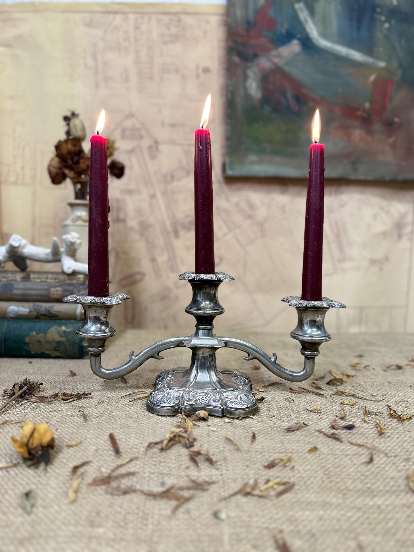 Vintage Silver Plated Triple Candelabra, Candle Sticks