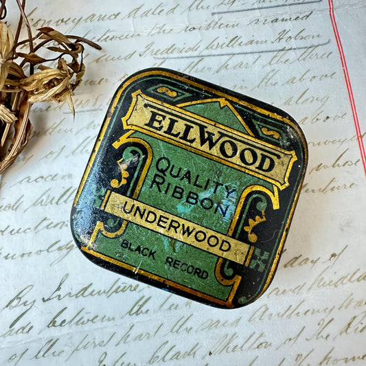 Underwood Elliott Fisher Ellwood Black Ribbon Antique Tin, Small Tin