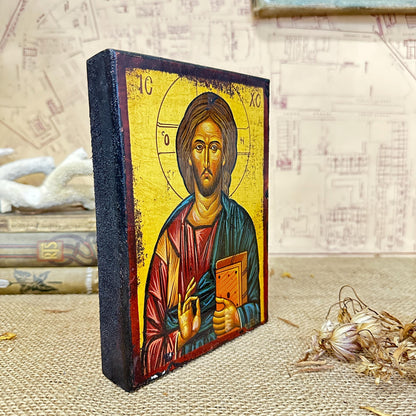 Vintage Pantocrator Blessing, Handmade Wooden Byzantine Icon Jesus Religious Iconic Prints