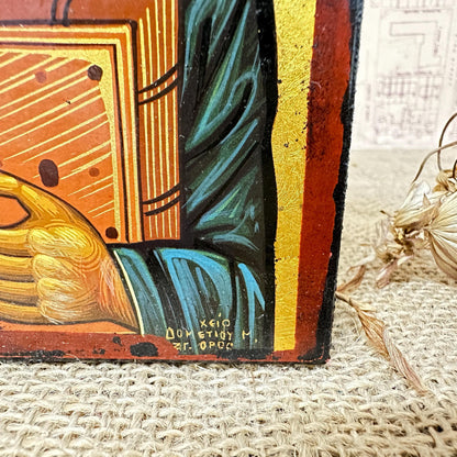 Vintage Pantocrator Blessing, Handmade Wooden Byzantine Icon Jesus Religious Iconic Prints