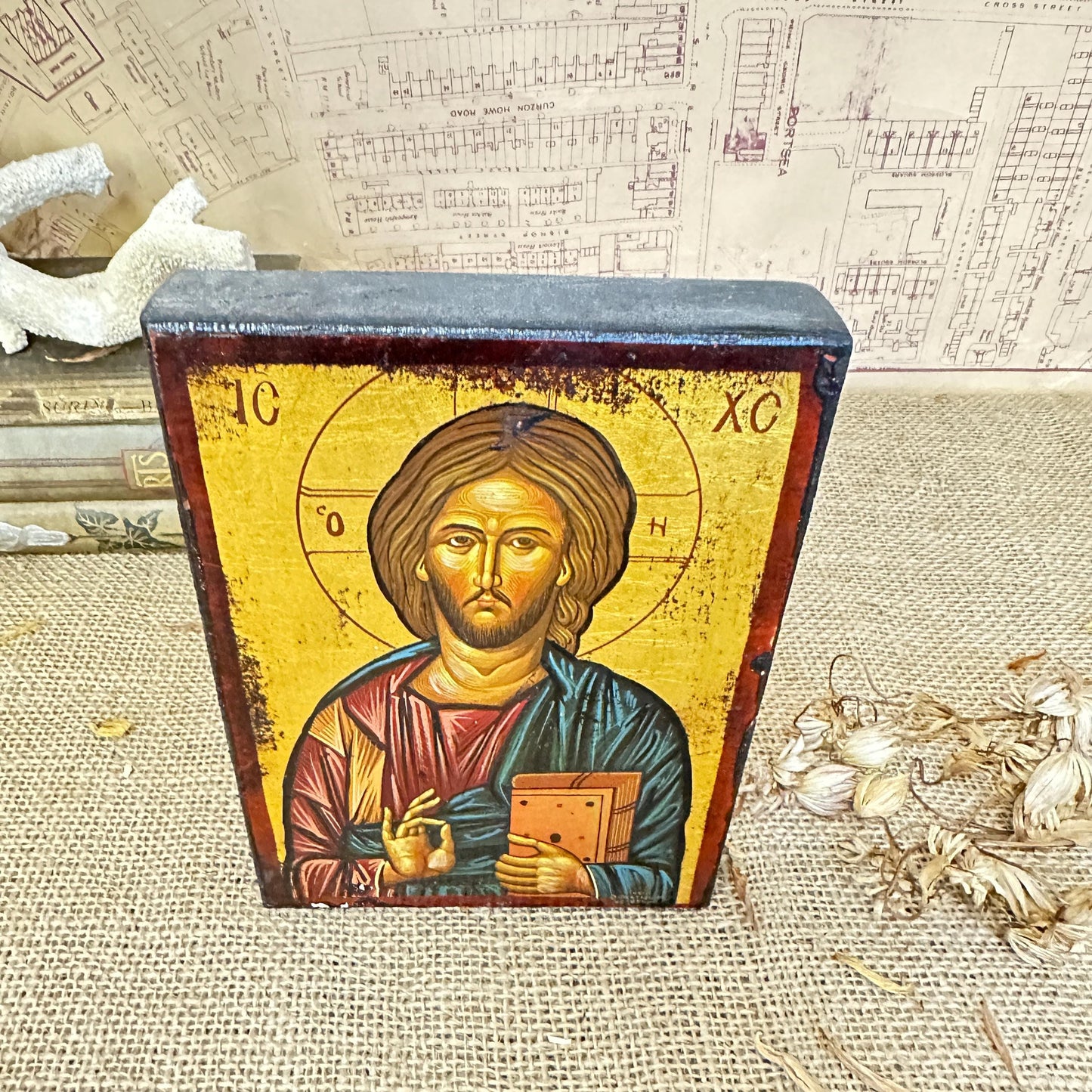 Vintage Pantocrator Blessing, Handmade Wooden Byzantine Icon Jesus Religious Iconic Prints