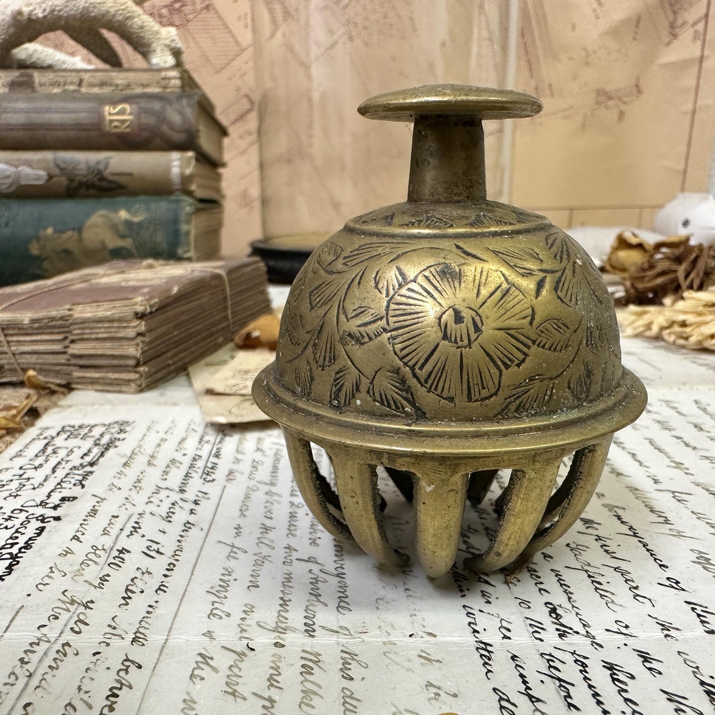 Mid Century Small Zodiac Elephant Brass Bell. Claw Bell